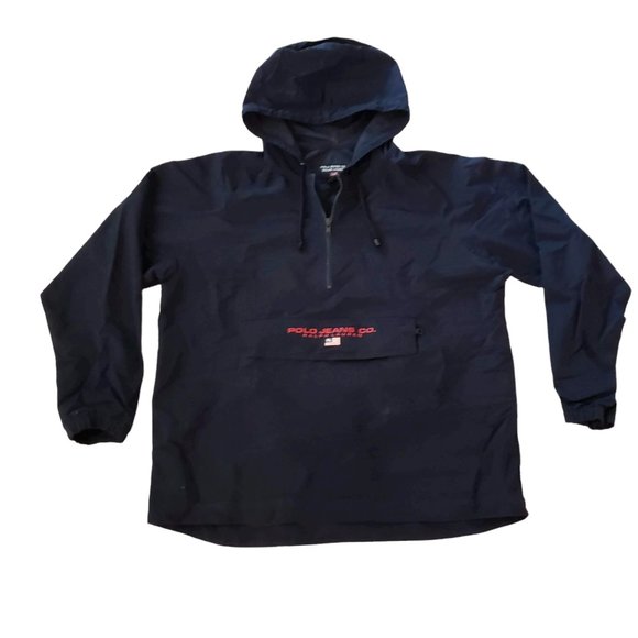 VTG Ralph Lauren Polo Jeans Co. Navy Hooded 1/4 Zip Jacket Packable Large - Picture 5 of 6